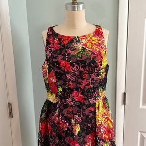Adrianna Papell sleeveless lace dress. Pink red black green yellow. Size 12.